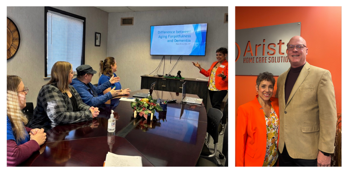 A collage of 2 images - in the first, 4 people are sitting on the left side of a table. The presenter has a powerpoint presentation up on the tv, she is standing up and presenting. In the second image, the presenter and another person are standing and smiling together.