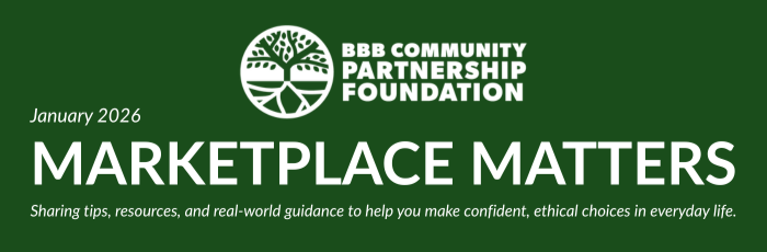 BBB Community Partnership Foundation Logo, with the year 2026 to the left below it, the title Marketplace Matters, and a short description