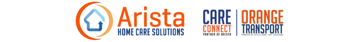 Arista Home Care Solutions logo - next to it says care connect partner of arista, another says orange transport 