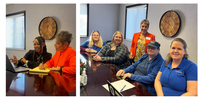 A collage of 2 images - in one, two women are sitting down. One is writing, and one is looking at a laptop. In the second image, 5 people are smiling at the camera, 4 of them are sitting at a table and the presenter is standing and smiling in the middle behind them.